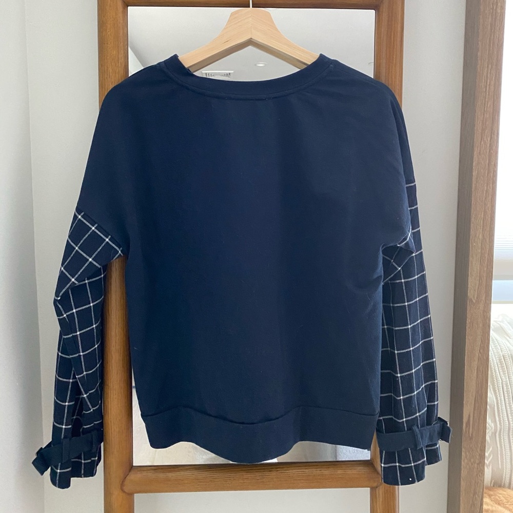 J.O.A. Cropped Windowpane Sweatshirt Navy - Picture 2 of 4